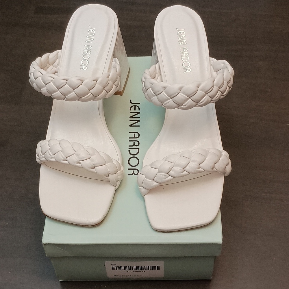 JENN ARDOR White Braided Chunky Heel Square Toe Sandals - Picture 2 of 7
